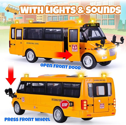 School Bus Toy, Die Cast Model Car with Flashing Lights & Sounds, Friction Powered, Back & Side Doors Open, Large Yellow Metal Toy Vehicles, Play Bus Easter Gift for Kids Toddlers Ages 3+