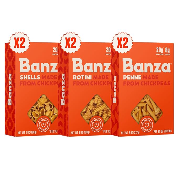 Banza Banza Chickpea Pasta, Variety Pack (1 Penne/1 Rotini/1 Shells) - Gluten Free Healthy Pasta, High Protein, Lower Carb and Non-GMO, 8 Ounce (Pack of 3)