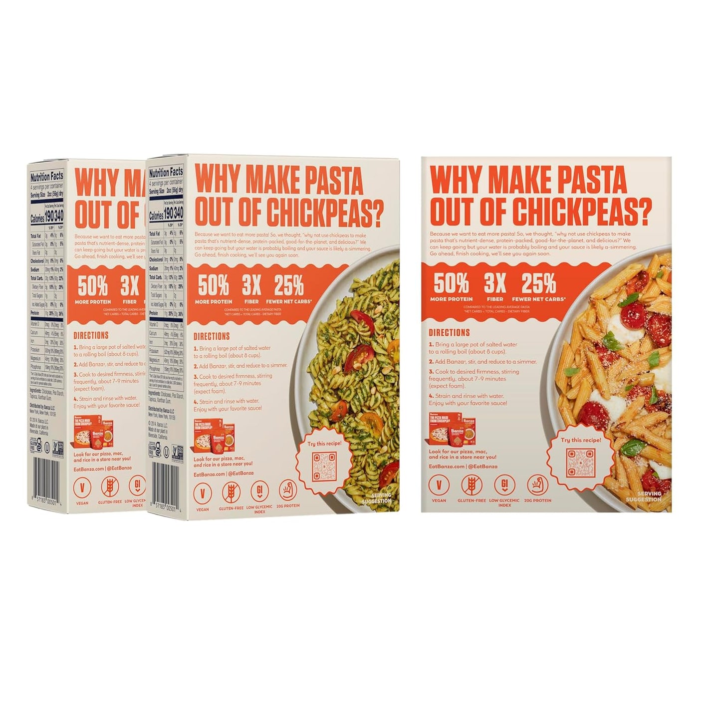 Banza Banza Chickpea Pasta, Variety Pack (1 Penne/1 Rotini/1 Shells) - Gluten Free Healthy Pasta, High Protein, Lower Carb and Non-GMO, 8 Ounce (Pack of 3)