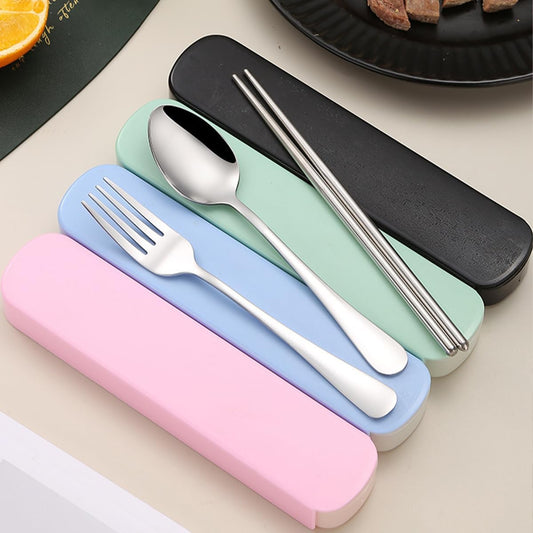 3 Pcs Reusable Stainless Steel Flatware Serving Set with Case Knife Fork Spoons Tableware Set(Pink)