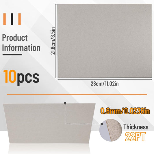 JNENERY 10 Chipboard Sheets 8.5 x 11", 22pt Book Board for Bookbinding, Cardboard for Crafts, Thick Chipboard and Sturdy Kraft Board Thin Cardboard Sheets for DIY Projects, Packaging (Gray)