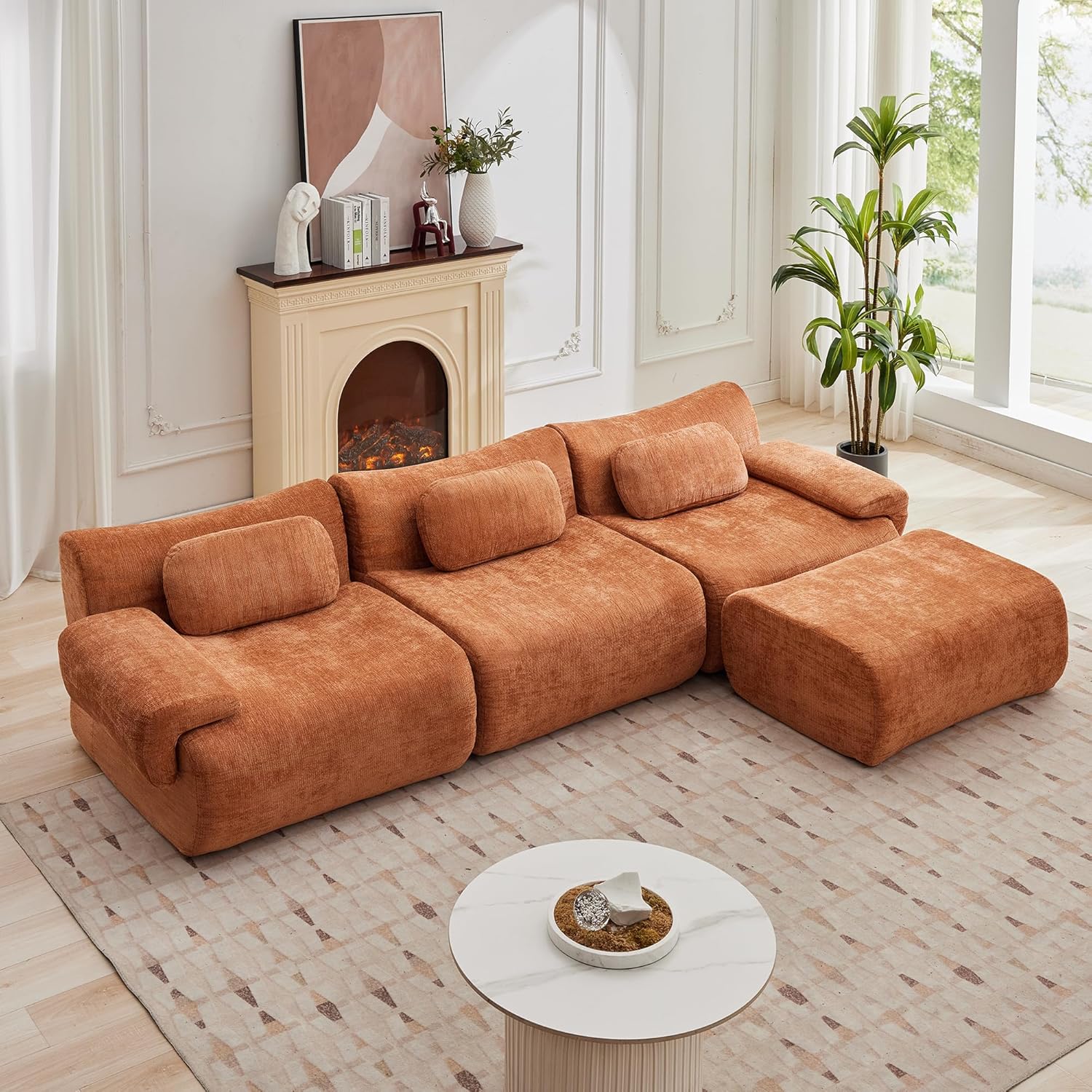 117”L Shaped Modern Sofa Modular Sectional Cloud Couch with Ottoman,Oversized Boneless Sofa,3+1 Seater Chenille Deep-Seat Sofa with 3 Pillows,Suitable for Living Room or Bedroom(Orange)