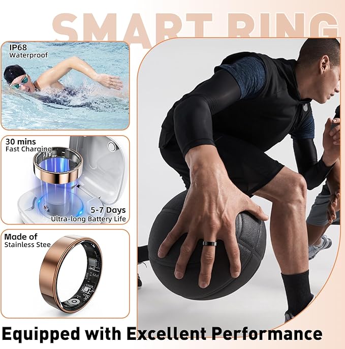 Smart Ring with Sleep Monitoring, Step Counting, Heart Rate, Blood Oxygen for iPhone and Android, No Subscription Fee, IP68 Waterproof Health Tracker (Silver, 7)