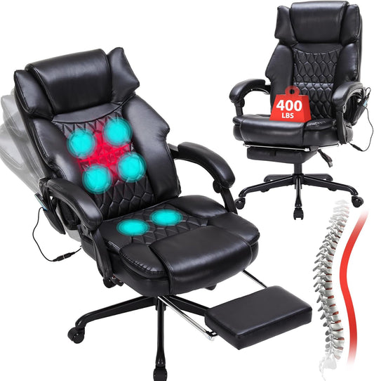 Massage Office Chair with Foot Rest 6 Points Vibration and Heat Home Office Desk Chairs for Heavy People 400lbs Reclining Managerial Chairs Ergonomic Executive Chair (Black)
