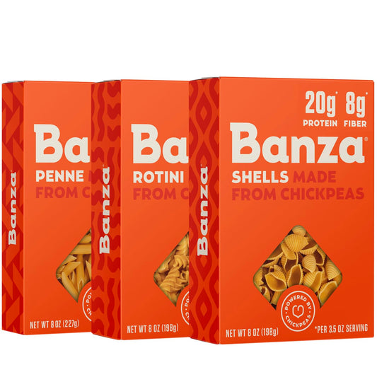 Banza Banza Chickpea Pasta, Variety Pack (1 Penne/1 Rotini/1 Shells) - Gluten Free Healthy Pasta, High Protein, Lower Carb and Non-GMO, 8 Ounce (Pack of 3)
