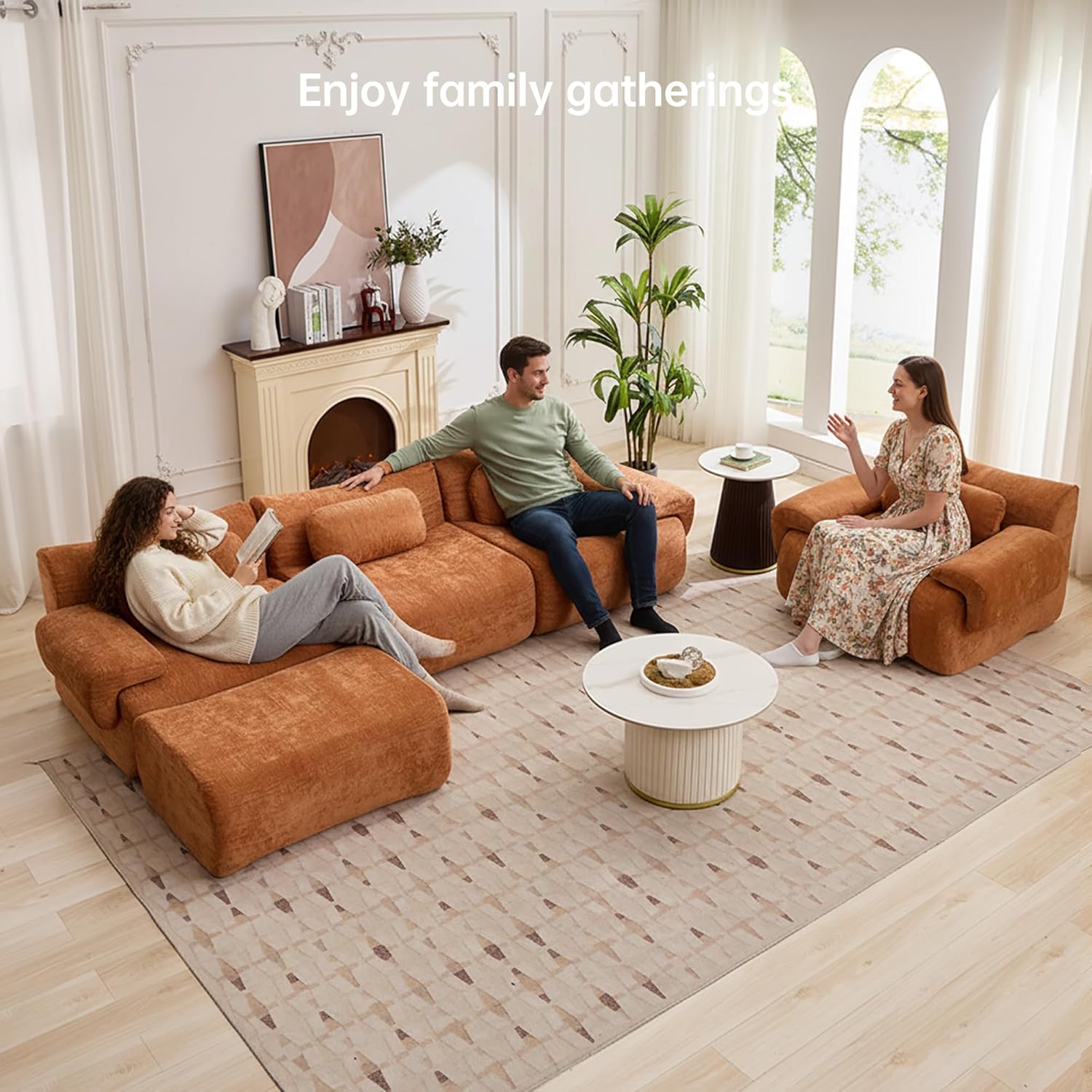 117”L Shaped Modern Sofa Modular Sectional Cloud Couch with Ottoman,Oversized Boneless Sofa,3+1 Seater Chenille Deep-Seat Sofa with 3 Pillows,Suitable for Living Room or Bedroom(Orange)