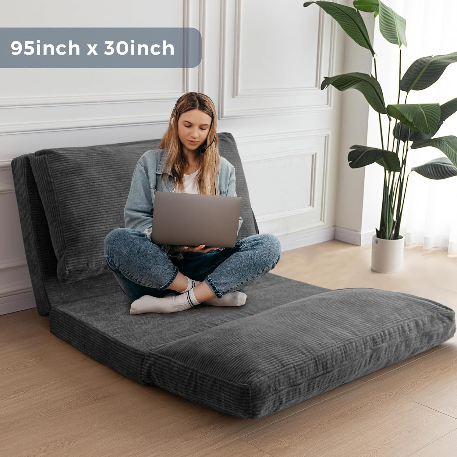 MAXYOYO Bean Bag Bed Folding Sofa Bed Floor Mattress for Adults, Extra Thick and Long Floor Sofa with Corded Washable Cover, Dark Grey, 30x95 Inch