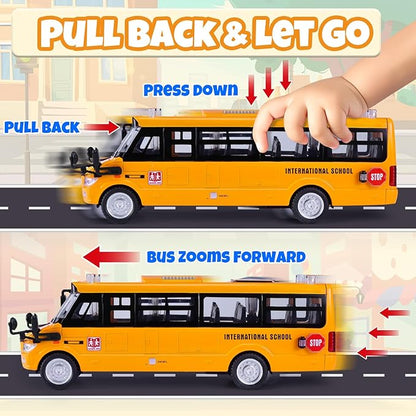 School Bus Toy, Die Cast Model Car with Flashing Lights & Sounds, Friction Powered, Back & Side Doors Open, Large Yellow Metal Toy Vehicles, Play Bus Easter Gift for Kids Toddlers Ages 3+