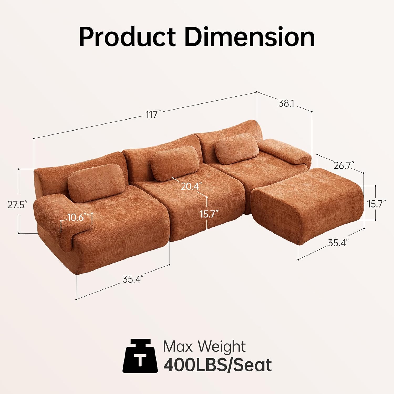 117”L Shaped Modern Sofa Modular Sectional Cloud Couch with Ottoman,Oversized Boneless Sofa,3+1 Seater Chenille Deep-Seat Sofa with 3 Pillows,Suitable for Living Room or Bedroom(Orange)