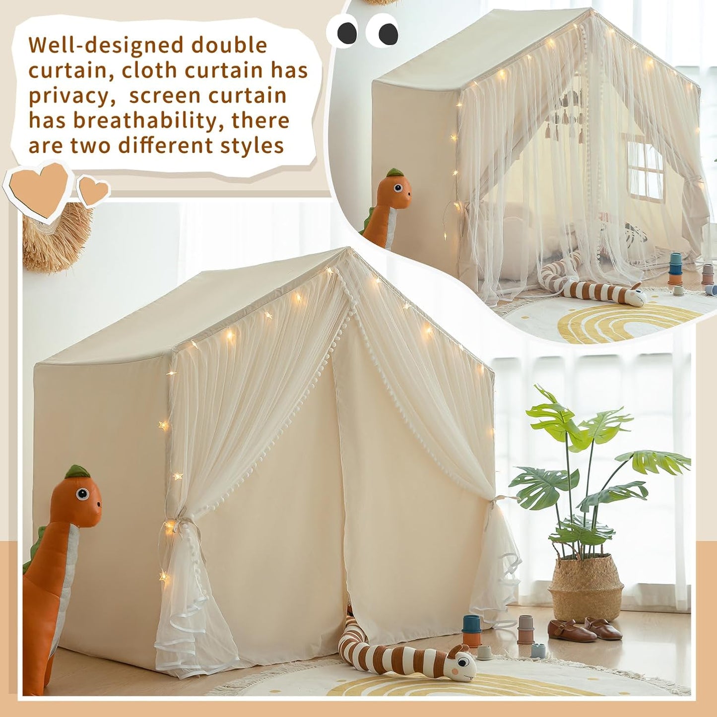 Kids Play Tent with Padded Mat, Kids Tents Large Princess Castle Pompoms Play House Indoor Playhouse Tent for Girl Bed Tents