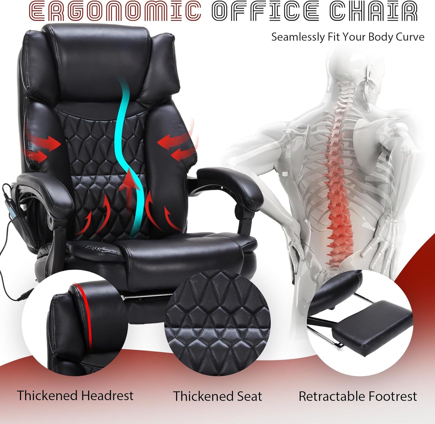 Massage Office Chair with Foot Rest 6 Points Vibration and Heat Home Office Desk Chairs for Heavy People 400lbs Reclining Managerial Chairs Ergonomic Executive Chair (Black)