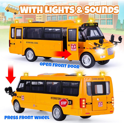 School Bus Toy, Die Cast Model Car with Flashing Lights & Sounds, Friction Powered, Back & Side Doors Open, Large Yellow Metal Toy Vehicles, Play Bus Easter Gift for Kids Toddlers Ages 3+