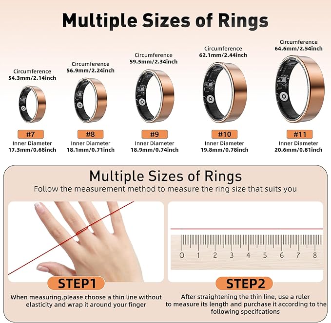 Smart Ring with Sleep Monitoring, Step Counting, Heart Rate, Blood Oxygen for iPhone and Android, No Subscription Fee, IP68 Waterproof Health Tracker (Silver, 7)