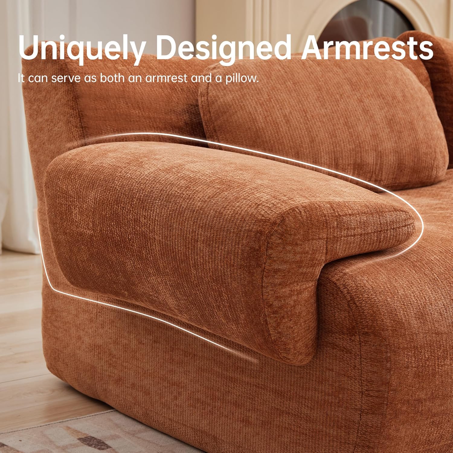 117”L Shaped Modern Sofa Modular Sectional Cloud Couch with Ottoman,Oversized Boneless Sofa,3+1 Seater Chenille Deep-Seat Sofa with 3 Pillows,Suitable for Living Room or Bedroom(Orange)