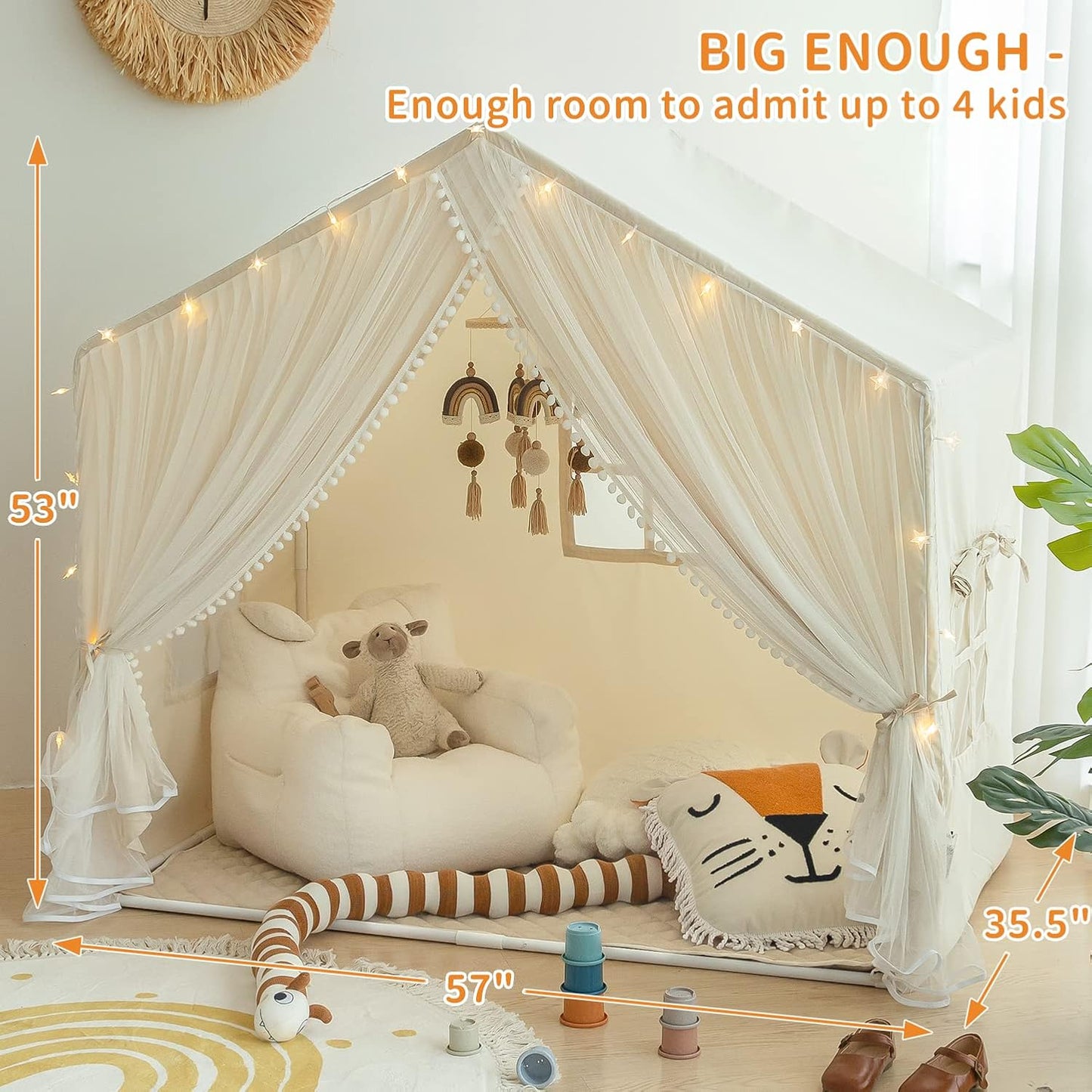 Kids Play Tent with Padded Mat, Kids Tents Large Princess Castle Pompoms Play House Indoor Playhouse Tent for Girl Bed Tents