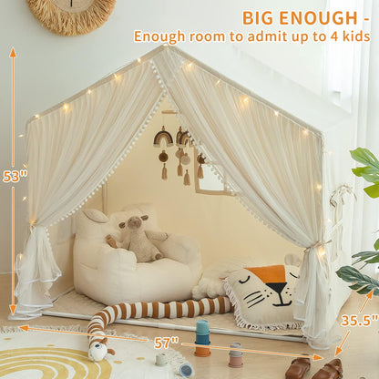 Kids Play Tent with Padded Mat, Kids Tents Large Princess Castle Pompoms Play House Indoor Playhouse Tent for Girl Bed Tents