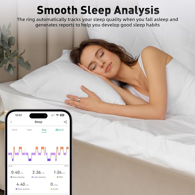 Smart Ring with Sleep Monitoring, Step Counting, Heart Rate, Blood Oxygen for iPhone and Android, No Subscription Fee, IP68 Waterproof Health Tracker (Silver, 7)