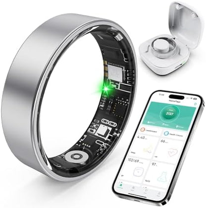 Smart Ring with Sleep Monitoring, Step Counting, Heart Rate, Blood Oxygen for iPhone and Android, No Subscription Fee, IP68 Waterproof Health Tracker (Silver, 7)