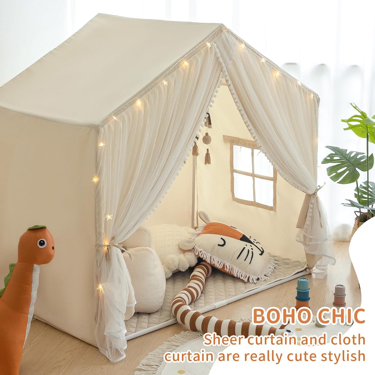 Kids Play Tent with Padded Mat, Kids Tents Large Princess Castle Pompoms Play House Indoor Playhouse Tent for Girl Bed Tents