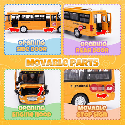 School Bus Toy, Die Cast Model Car with Flashing Lights & Sounds, Friction Powered, Back & Side Doors Open, Large Yellow Metal Toy Vehicles, Play Bus Easter Gift for Kids Toddlers Ages 3+