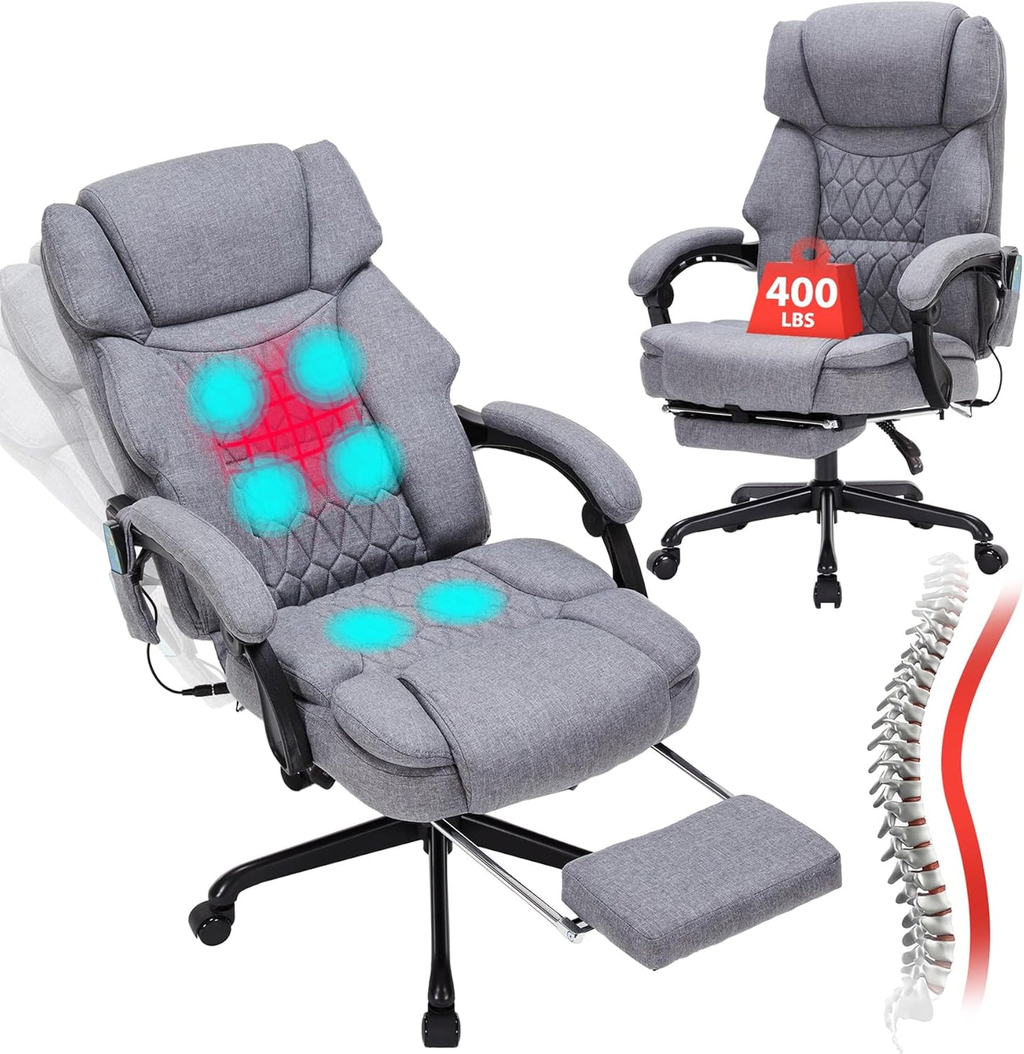 Massage Office Chair with Foot Rest 6 Points Vibration and Heat Home Office Desk Chairs for Heavy People 400lbs Reclining Managerial Chairs Ergonomic Executive Chair (Black)