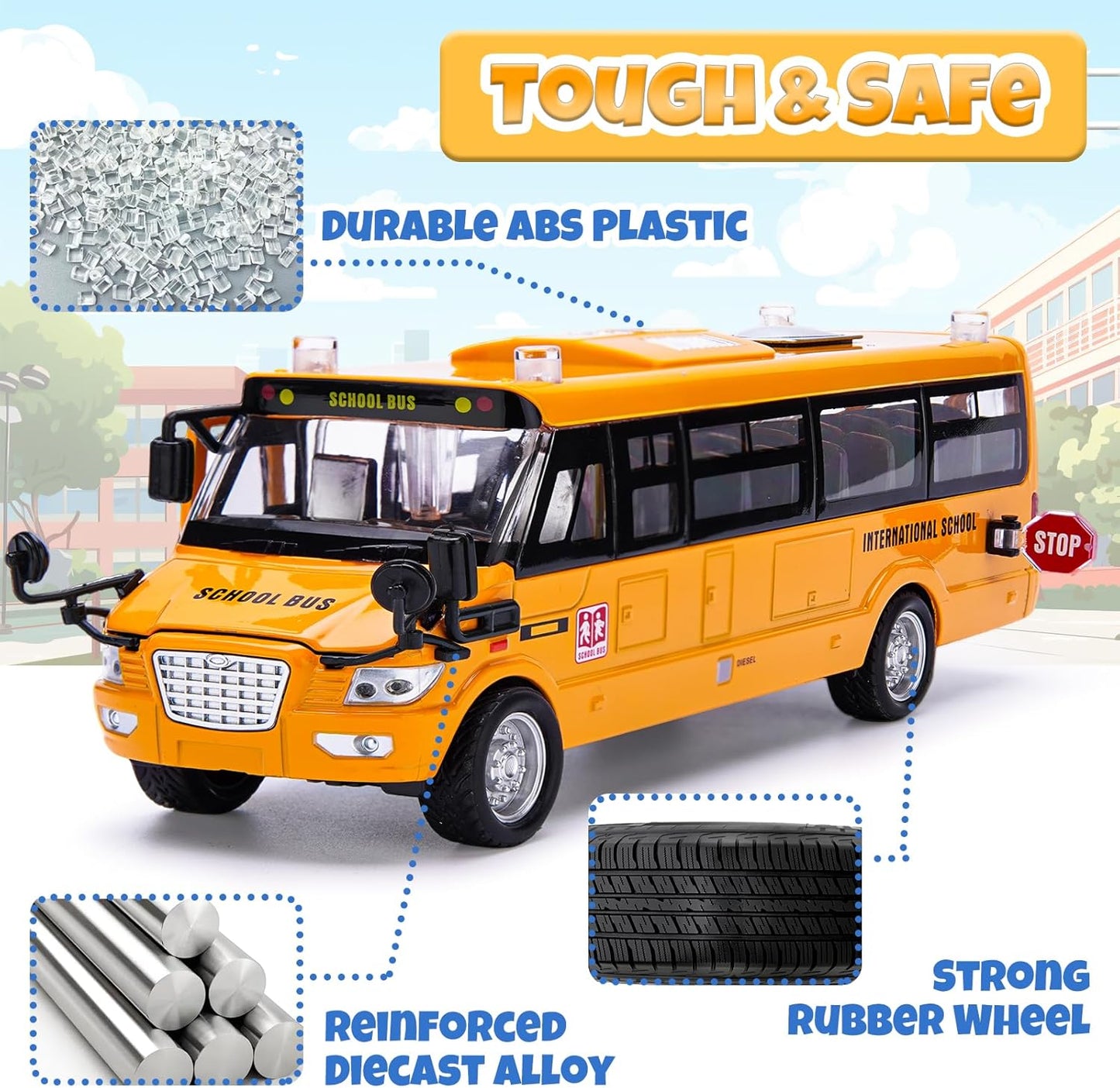 School Bus Toy, Die Cast Model Car with Flashing Lights & Sounds, Friction Powered, Back & Side Doors Open, Large Yellow Metal Toy Vehicles, Play Bus Easter Gift for Kids Toddlers Ages 3+