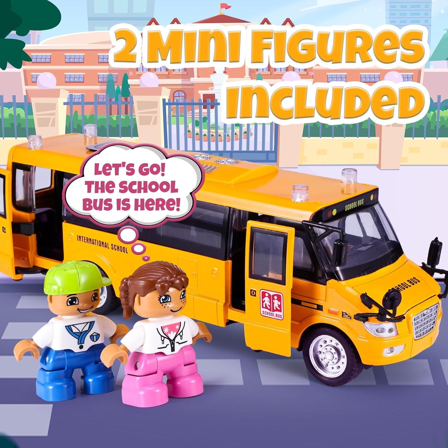 School Bus Toy, Die Cast Model Car with Flashing Lights & Sounds, Friction Powered, Back & Side Doors Open, Large Yellow Metal Toy Vehicles, Play Bus Easter Gift for Kids Toddlers Ages 3+