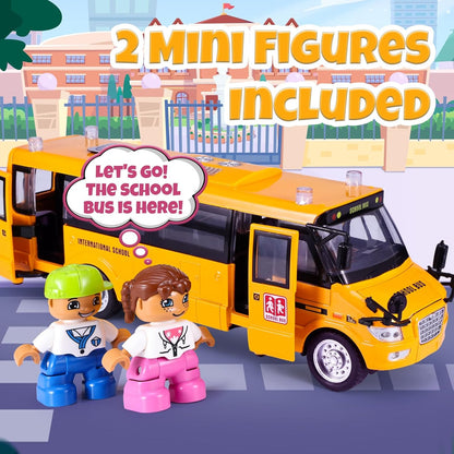 School Bus Toy, Die Cast Model Car with Flashing Lights & Sounds, Friction Powered, Back & Side Doors Open, Large Yellow Metal Toy Vehicles, Play Bus Easter Gift for Kids Toddlers Ages 3+