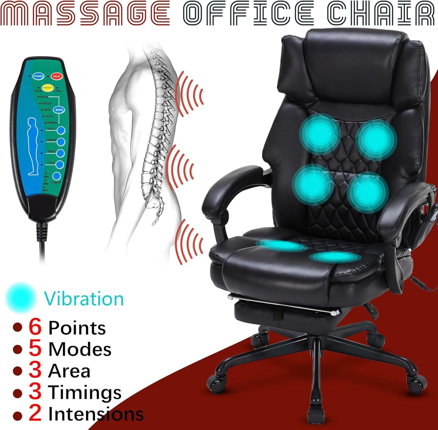 Massage Office Chair with Foot Rest 6 Points Vibration and Heat Home Office Desk Chairs for Heavy People 400lbs Reclining Managerial Chairs Ergonomic Executive Chair (Black)