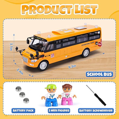 School Bus Toy, Die Cast Model Car with Flashing Lights & Sounds, Friction Powered, Back & Side Doors Open, Large Yellow Metal Toy Vehicles, Play Bus Easter Gift for Kids Toddlers Ages 3+