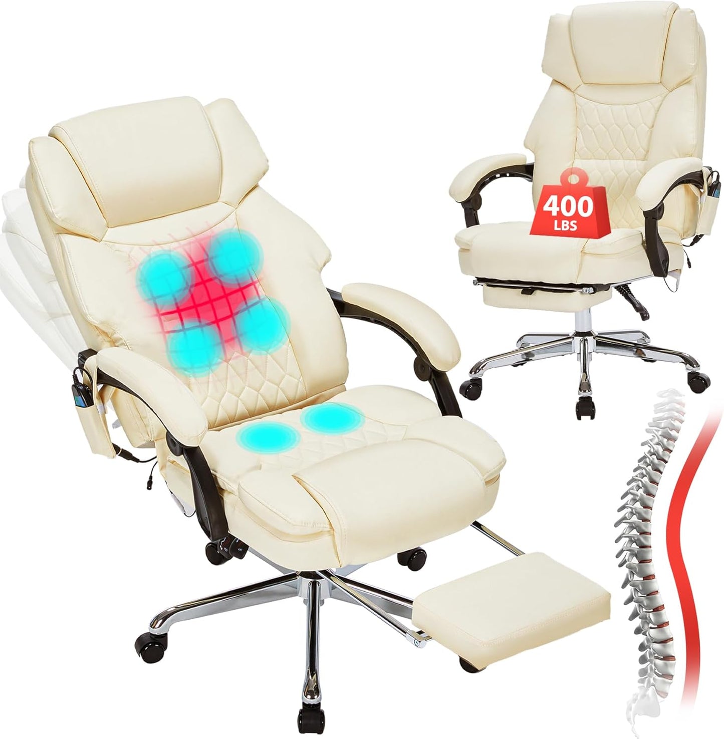 Massage Office Chair with Foot Rest 6 Points Vibration and Heat Home Office Desk Chairs for Heavy People 400lbs Reclining Managerial Chairs Ergonomic Executive Chair (Black)
