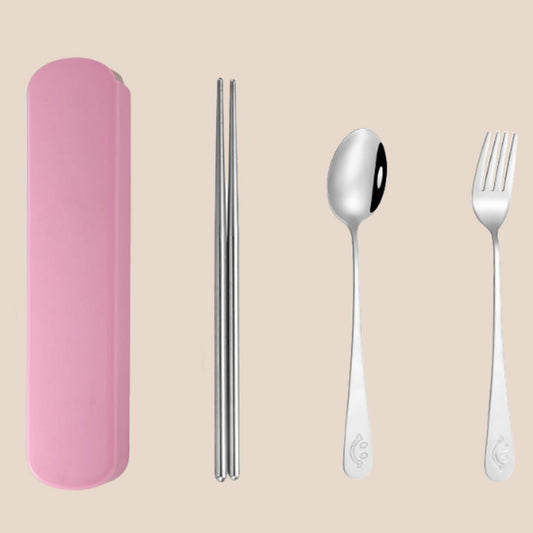 3 Pcs Reusable Stainless Steel Flatware Serving Set with Case Knife Fork Spoons Tableware Set(Pink)