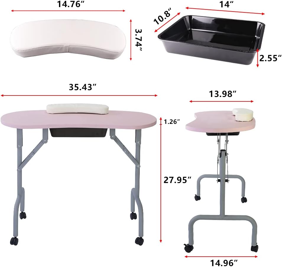 AGESISI Portable Manicure Table Foldable Nail Desk with Large Drawer Nail Tech Table for Technician Salon Workstation Client Wrist Cushion/Carry Bag/4 Lockable Wheels, 36-inch, Pink