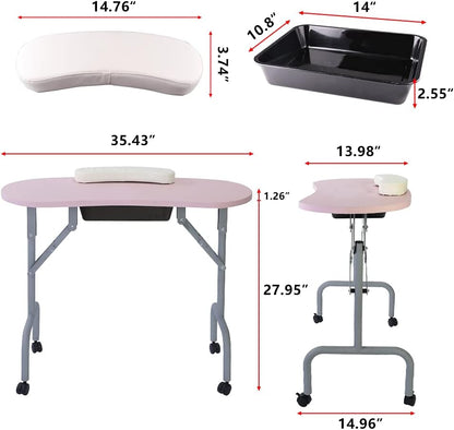 AGESISI Portable Manicure Table Foldable Nail Desk with Large Drawer Nail Tech Table for Technician Salon Workstation Client Wrist Cushion/Carry Bag/4 Lockable Wheels, 36-inch, Pink