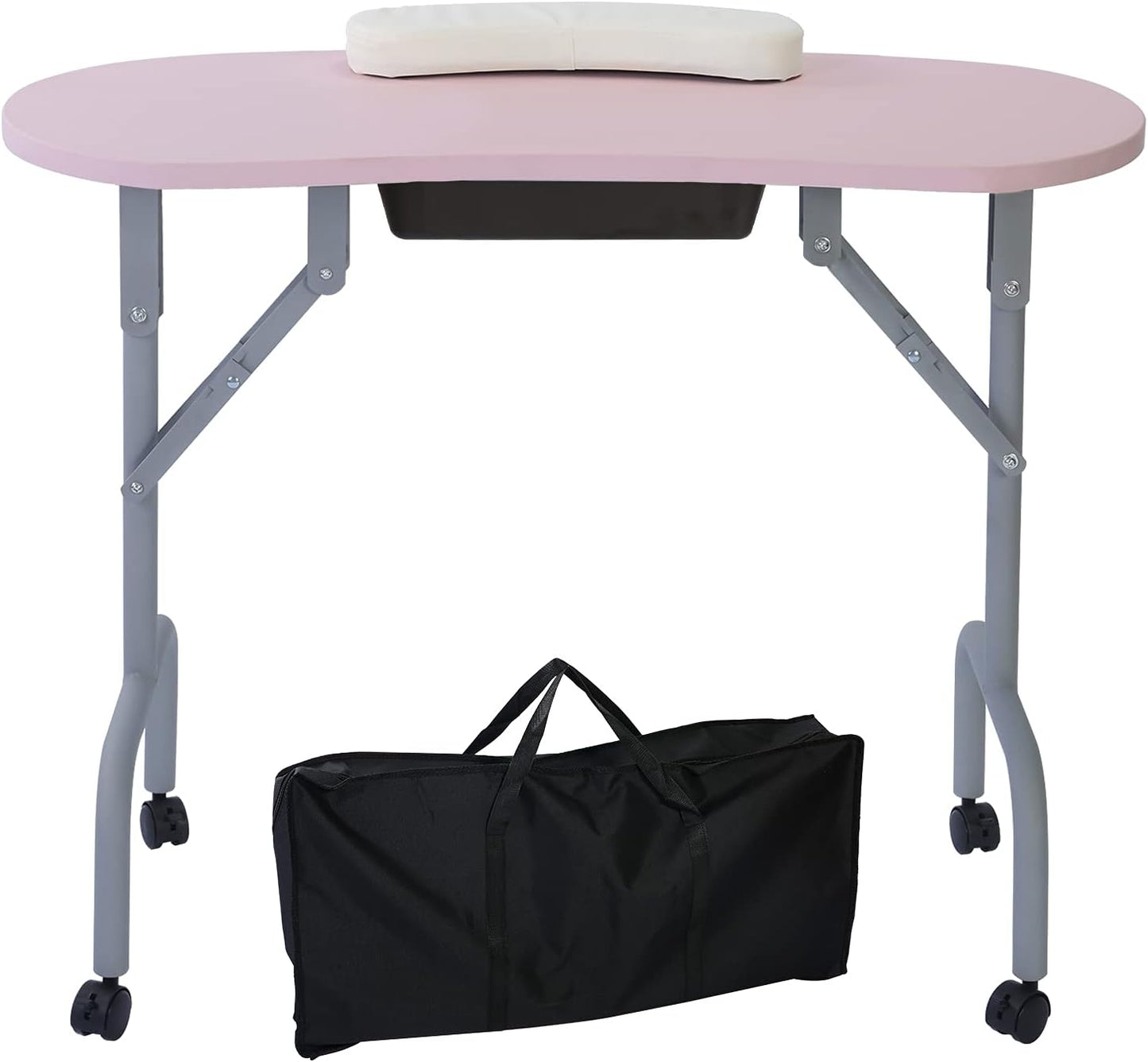 AGESISI Portable Manicure Table Foldable Nail Desk with Large Drawer Nail Tech Table for Technician Salon Workstation Client Wrist Cushion/Carry Bag/4 Lockable Wheels, 36-inch, Pink