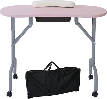 AGESISI Portable Manicure Table Foldable Nail Desk with Large Drawer Nail Tech Table for Technician Salon Workstation Client Wrist Cushion/Carry Bag/4 Lockable Wheels, 36-inch, Pink