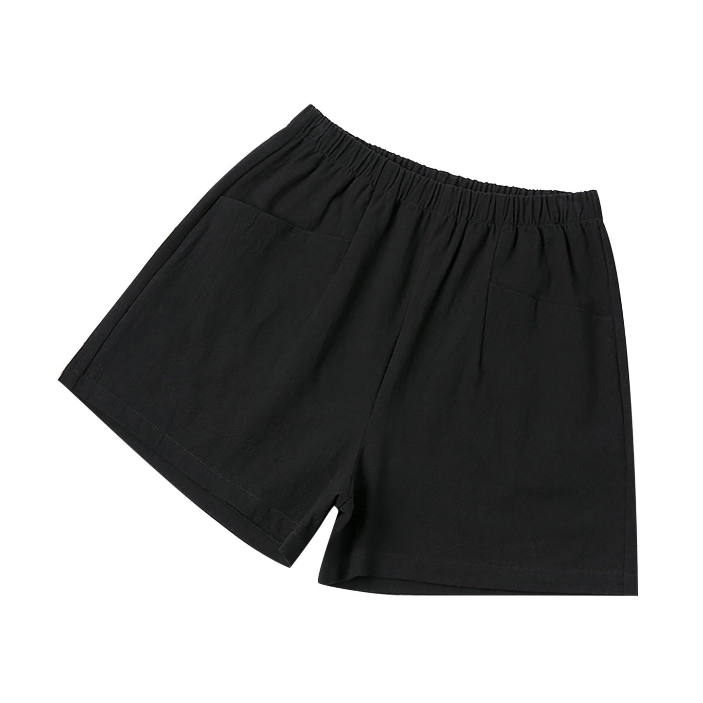 Shorts for Women 2024 Summer Elastic Waist Solid Linen Wide Leg Shorts Loose Fit Comfy Lightweight Shorts with Pocket