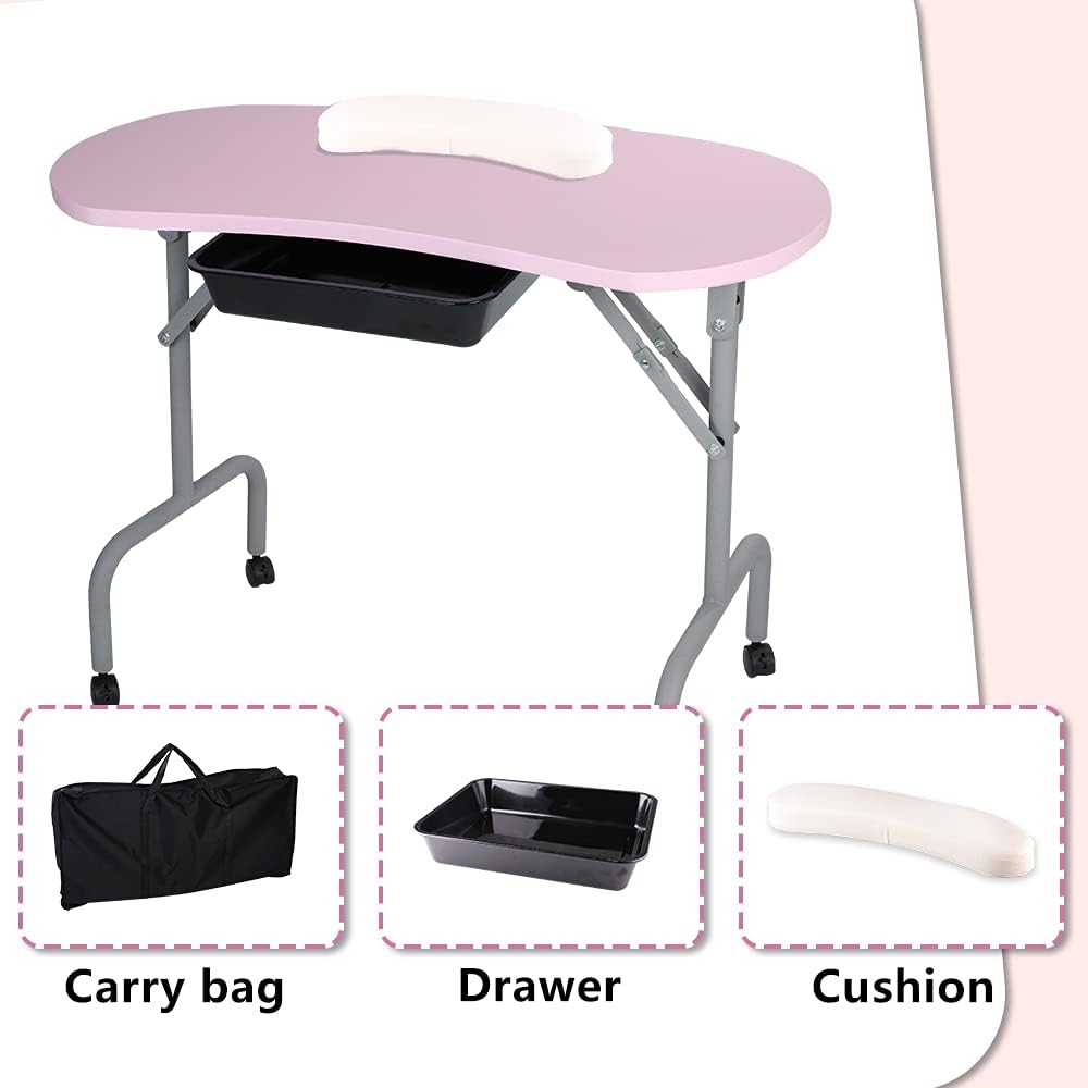 AGESISI Portable Manicure Table Foldable Nail Desk with Large Drawer Nail Tech Table for Technician Salon Workstation Client Wrist Cushion/Carry Bag/4 Lockable Wheels, 36-inch, Pink