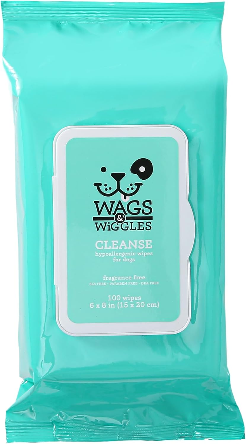 Wags & Wiggles Hypoallergenic Cleaning Wipes 100 ct | Hypoallergenic Dog Wips 100 Count Package | Fragrance Free | Waterless Bathing to Keep Pets with Sensitive Skin Clean (FF22031)