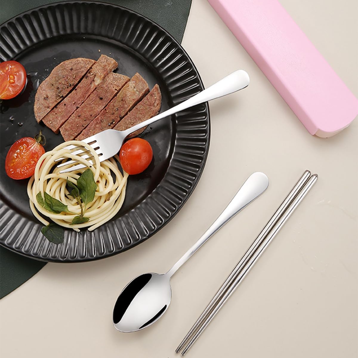 3 Pcs Reusable Stainless Steel Flatware Serving Set with Case Knife Fork Spoons Tableware Set(Pink)