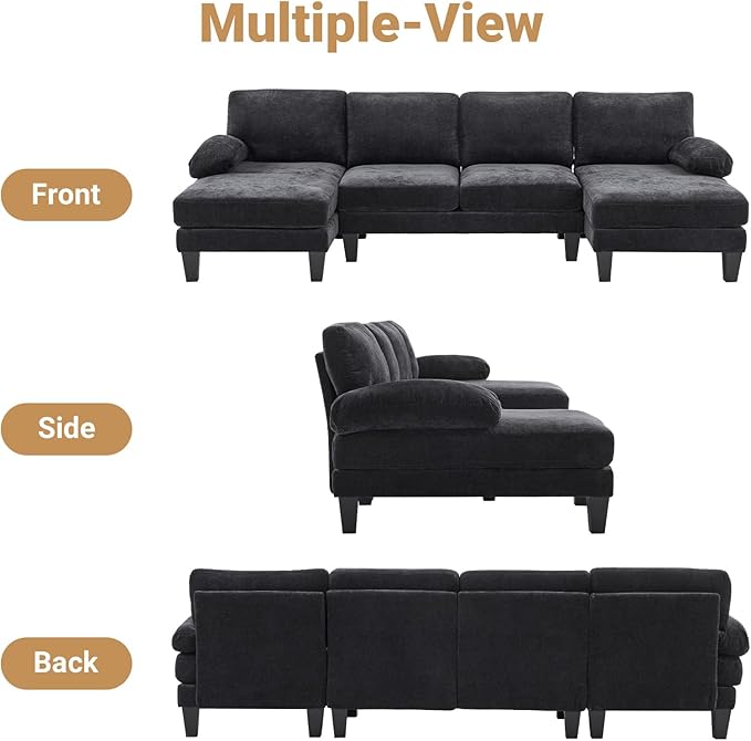 Vongrasig Convertible Sectional Couches, 3 Seat L Shaped Couch Sofa with Removable Pillows Linen Fabric Small Couch Mid Century for Living Room, Apartment and Office Black