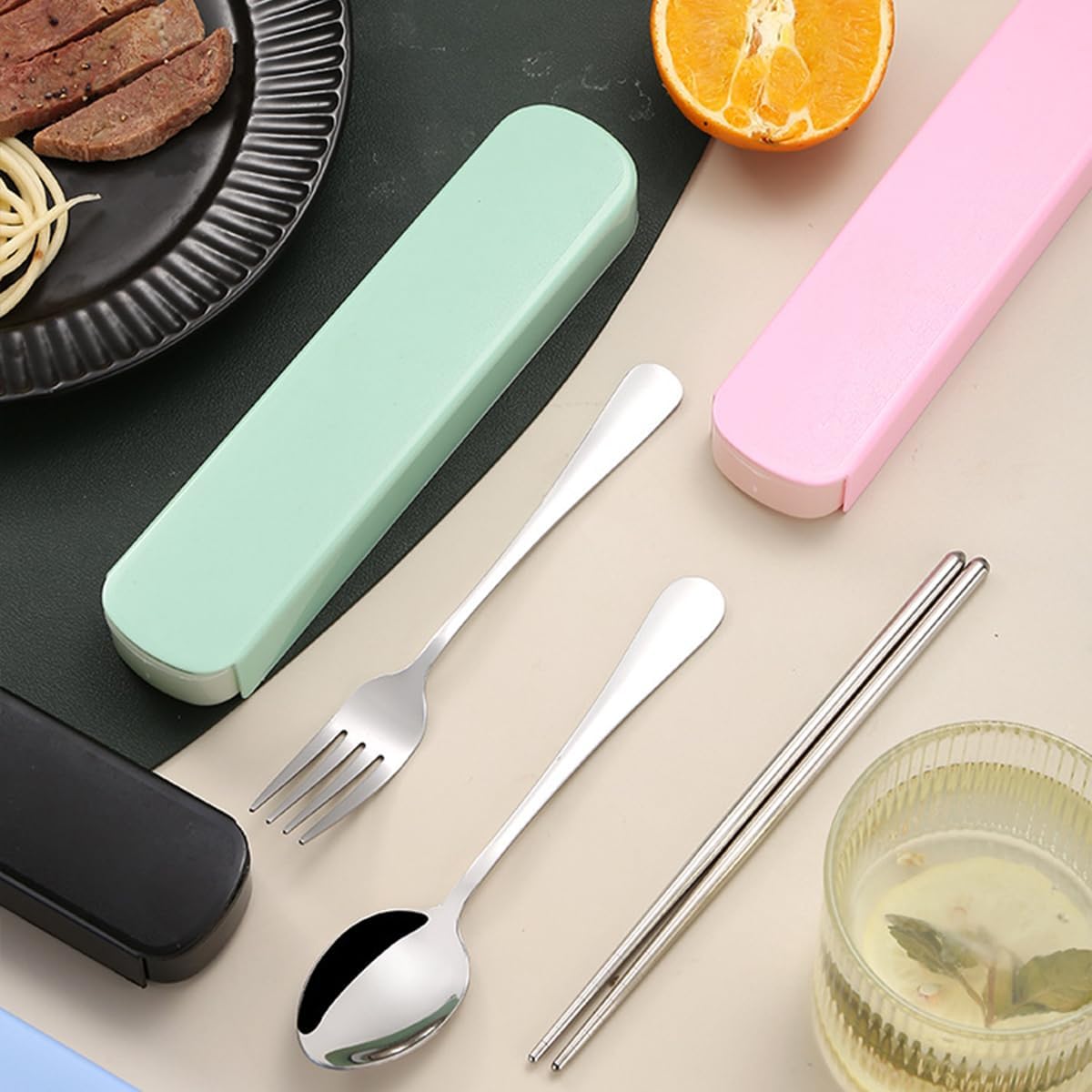 3 Pcs Reusable Stainless Steel Flatware Serving Set with Case Knife Fork Spoons Tableware Set(Pink)