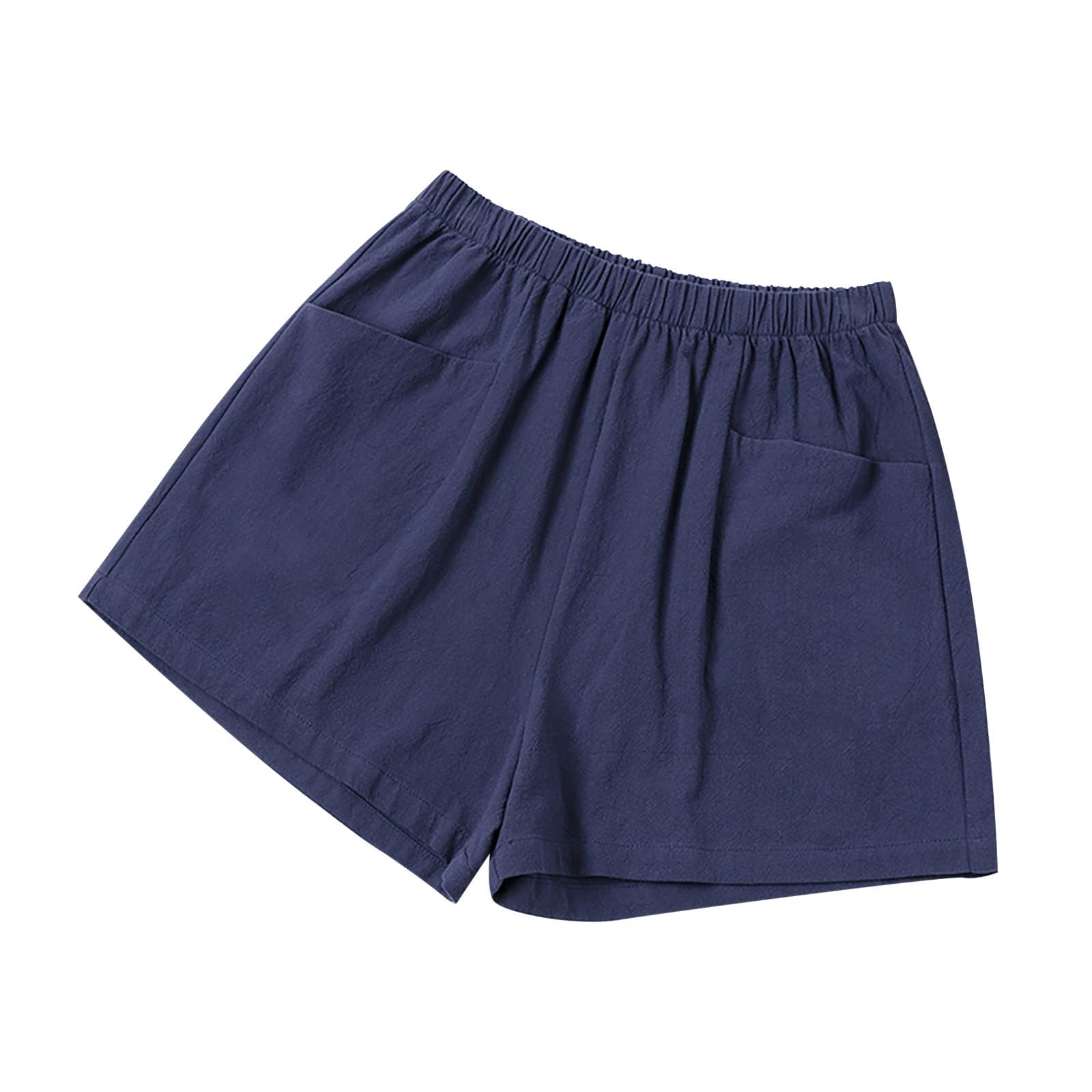 Shorts for Women 2024 Summer Elastic Waist Solid Linen Wide Leg Shorts Loose Fit Comfy Lightweight Shorts with Pocket