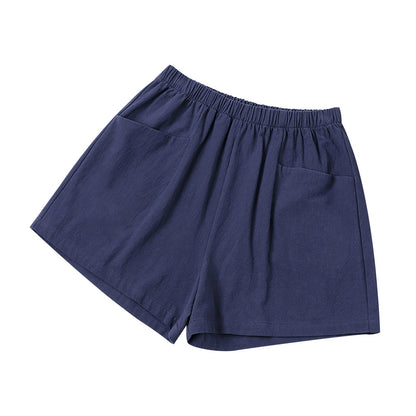 Shorts for Women 2024 Summer Elastic Waist Solid Linen Wide Leg Shorts Loose Fit Comfy Lightweight Shorts with Pocket