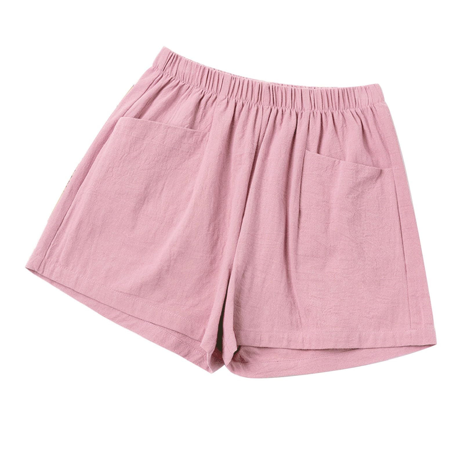 Shorts for Women 2024 Summer Elastic Waist Solid Linen Wide Leg Shorts Loose Fit Comfy Lightweight Shorts with Pocket