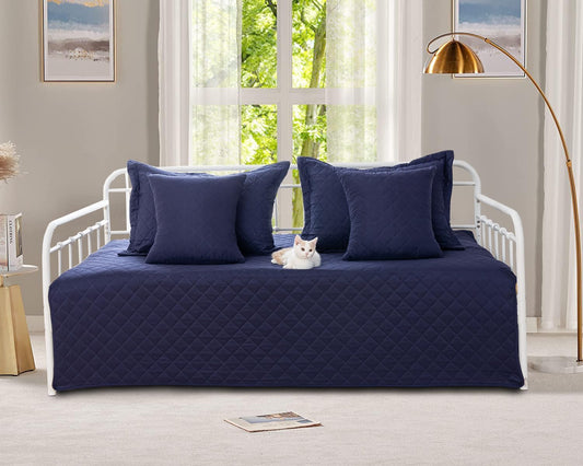 Feyocn 5-Piece Daybed Cover Set Navy Blue Twin Cozy Daybed Bedding Sets for All Season Lightweight Daybed Comforter Bedspread, Geometric Print Day Bed Cover for Twin Bed with 4 Pillow Shams,39"x75"