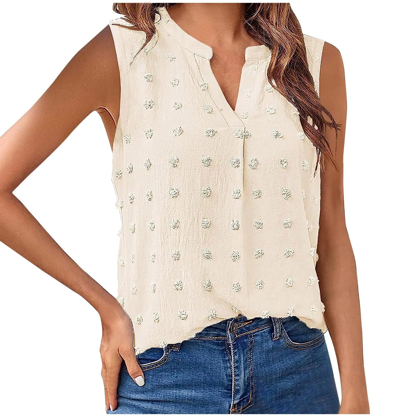 Generic Womens Tank Tops Dressy Casual V Neck Sleeveless Swiss Dots Shirts Loose Fit Office Work Vacation Summer Tunic Blouse