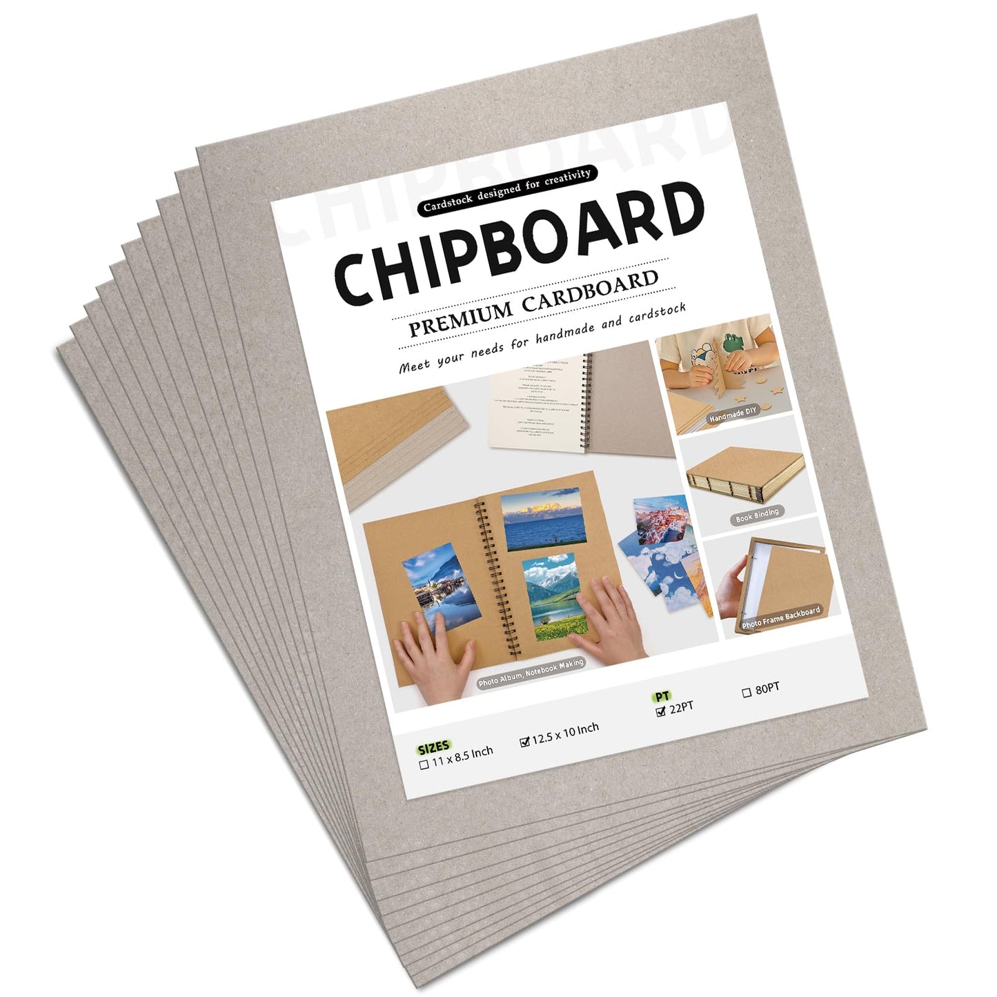 JNENERY 10 Chipboard Sheets 8.5 x 11", 22pt Book Board for Bookbinding, Cardboard for Crafts, Thick Chipboard and Sturdy Kraft Board Thin Cardboard Sheets for DIY Projects, Packaging (Gray)