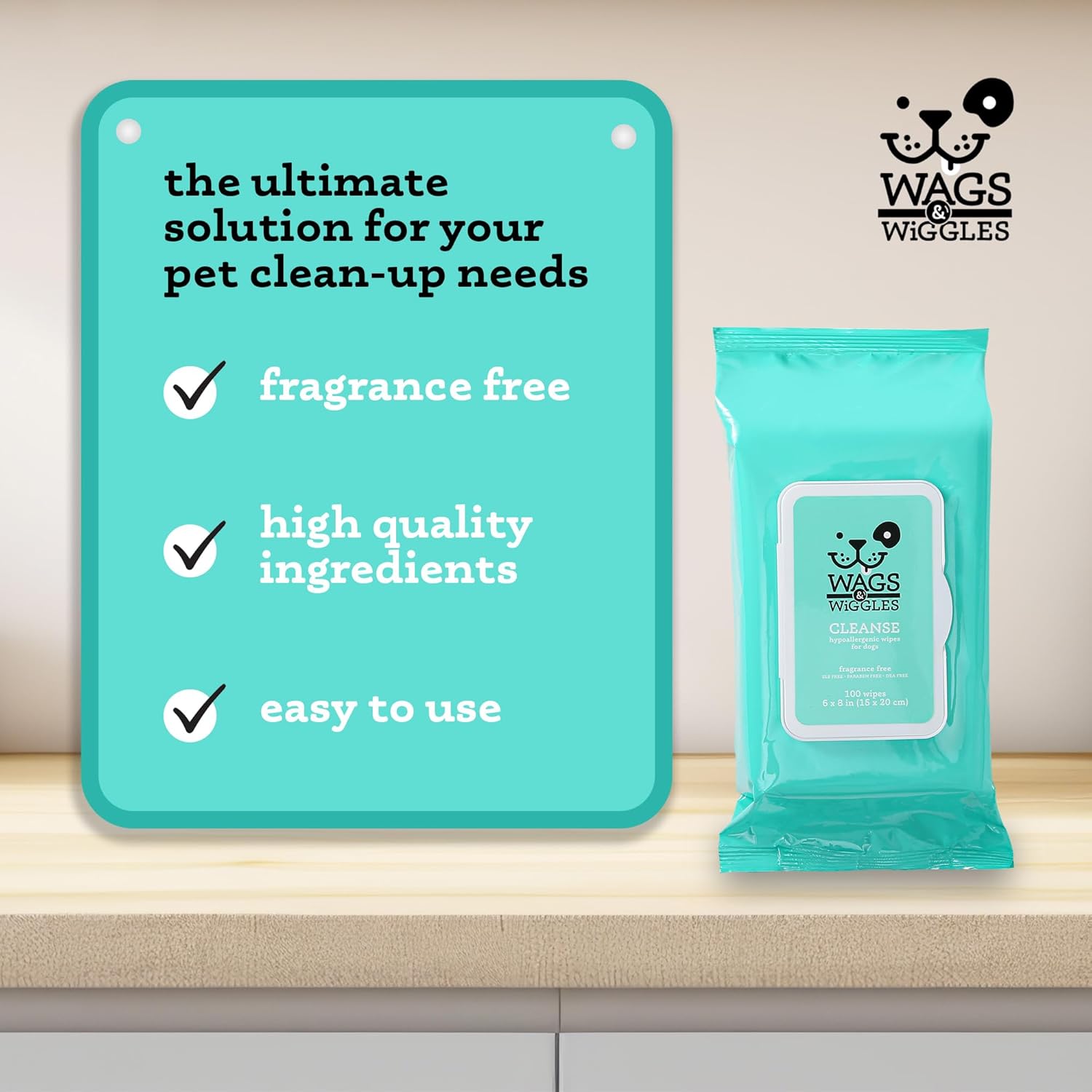 Wags & Wiggles Hypoallergenic Cleaning Wipes 100 ct | Hypoallergenic Dog Wips 100 Count Package | Fragrance Free | Waterless Bathing to Keep Pets with Sensitive Skin Clean (FF22031)