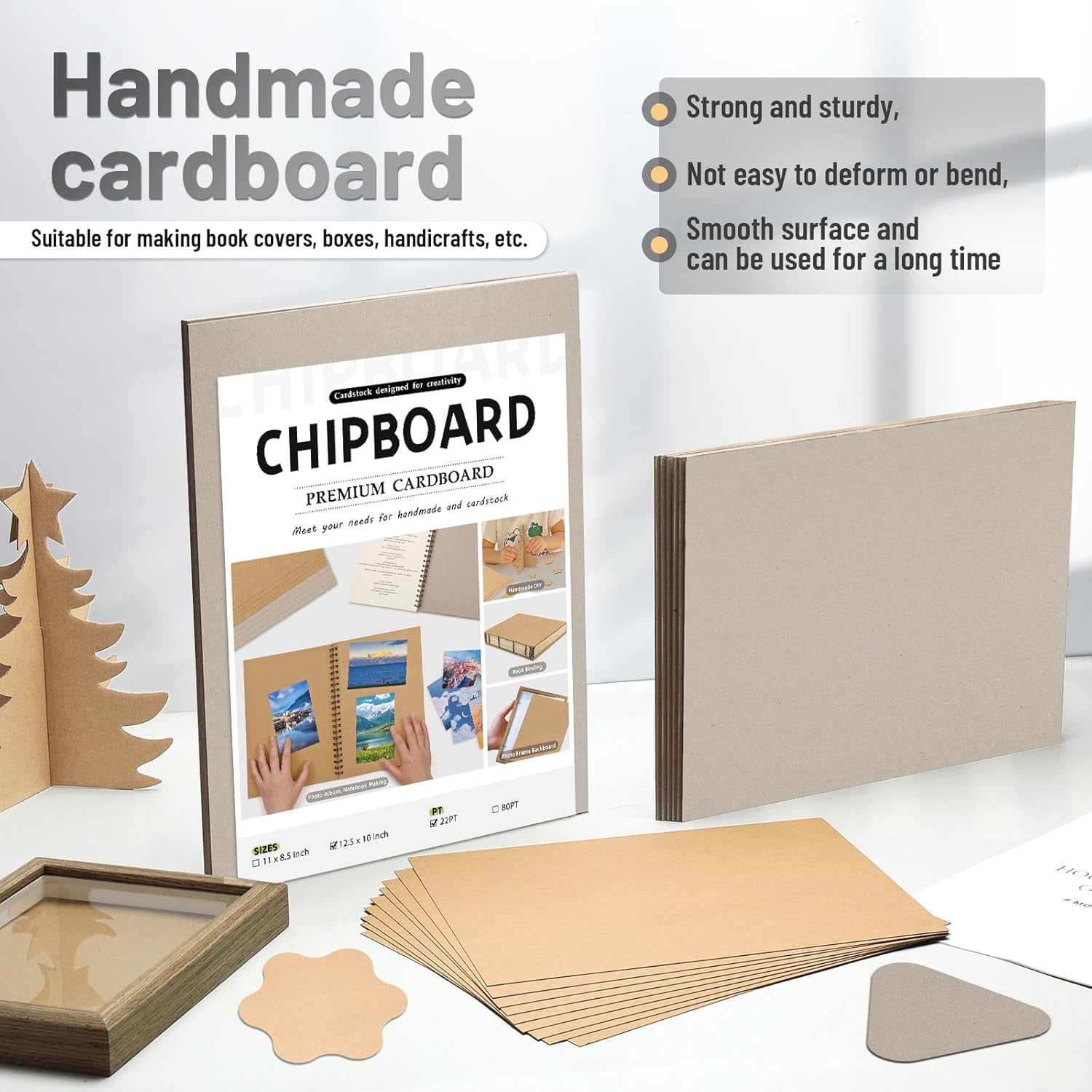 JNENERY 10 Chipboard Sheets 8.5 x 11", 22pt Book Board for Bookbinding, Cardboard for Crafts, Thick Chipboard and Sturdy Kraft Board Thin Cardboard Sheets for DIY Projects, Packaging (Gray)